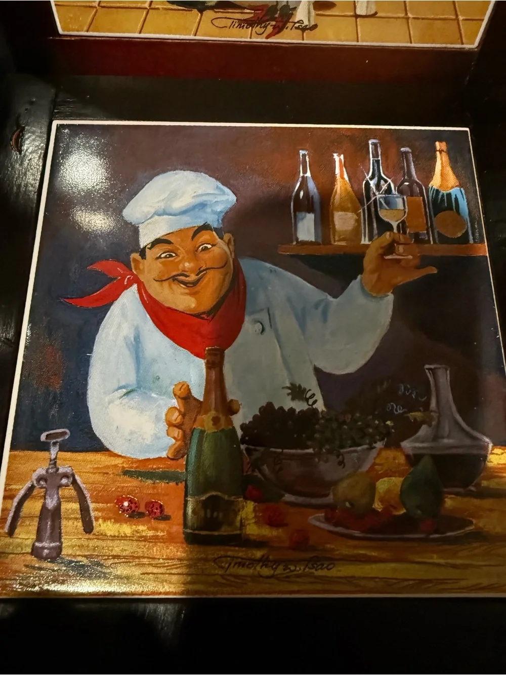Chef Illustration Ceramic Tile Set - Red Wood Frame